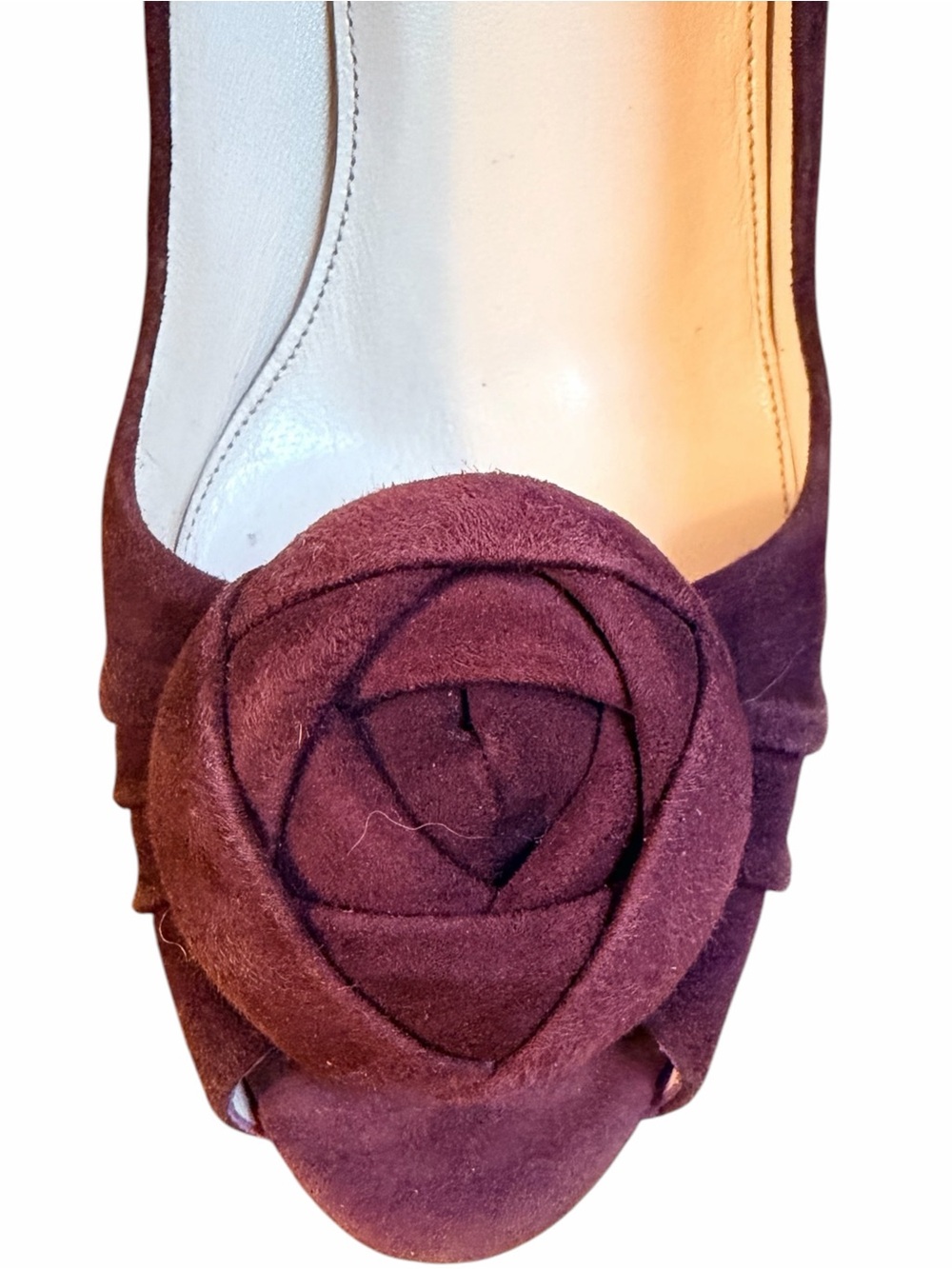 Prada Plum Suede Rosette Peep Toe Stiletto Heels EU 39 Italy - Picture 5 of 9
